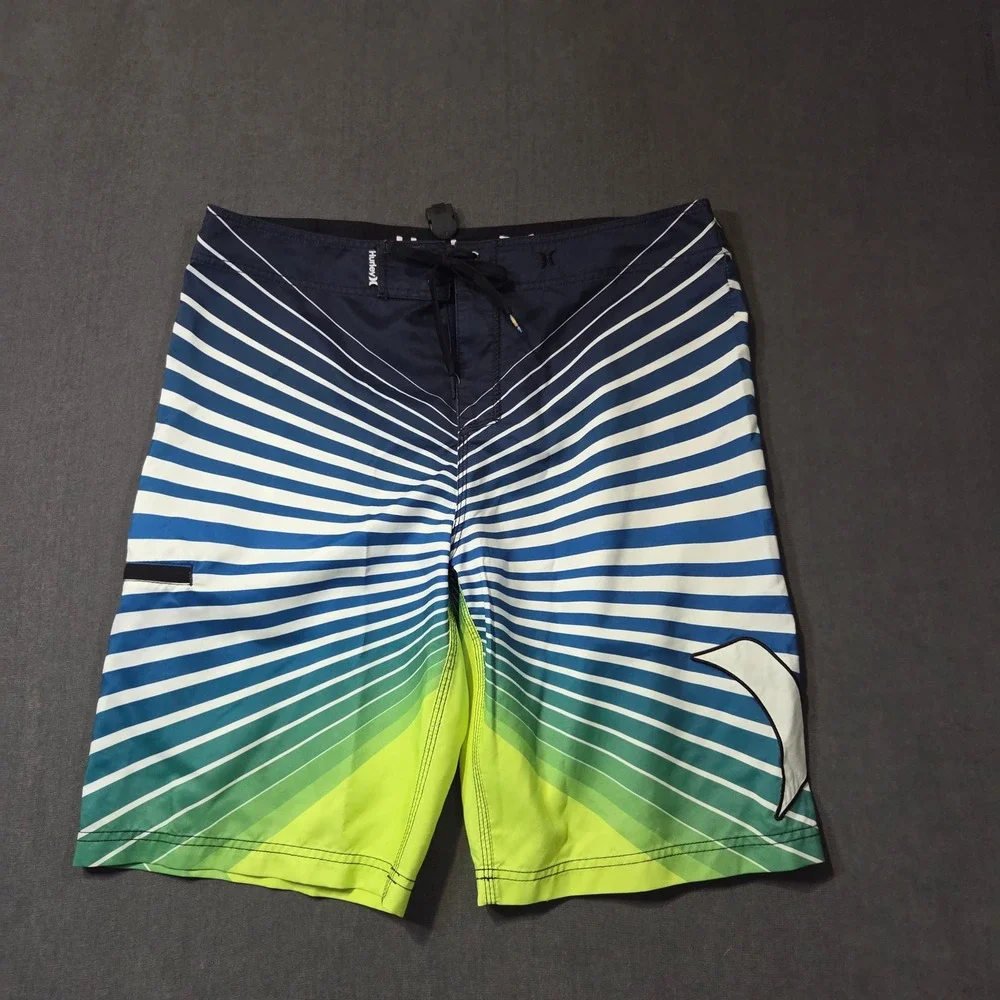 Hurley Board Shorts Mens 36 Blue Green Phantom Striped Swim Trunks MBS0001880